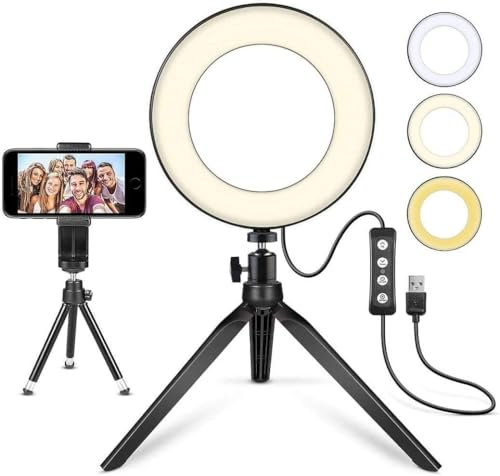 6-Zoll-LED-Ringlicht mit Stativ für Desktop YouTube Video und Make-up, Mini-LED-Kamera-Licht mit Handy-Ständer Desktop-LED-Licht mit 3 Lichtmodi und 11 Helligkeitsstufen