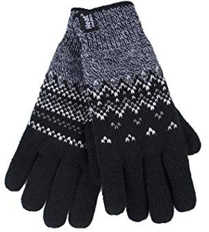 HEAT HOLDERS - Damen Winter Fleece Strick Elegant Norwegermuster Handschuhe (M/L, Black (Trondheim))