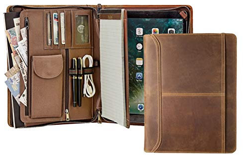 Carpeta para tablet hecha a mano, estilo vintage, profesional, con portapapeles, archivador, piel, carpeta para conferencias, bloc de notas de tamaño A4 marrón iPad Pro 12.9(2015/2017)