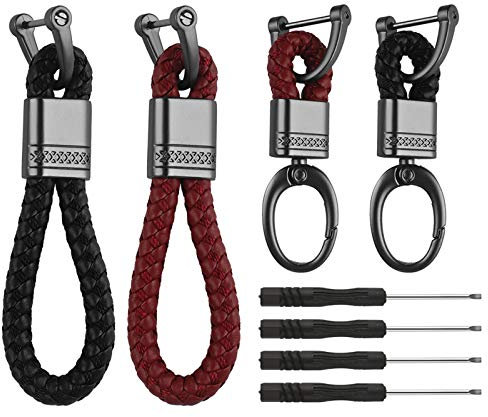 Chudian 4 pcs Porte-Clés en Cuir de Voiture, Tressée Cuir Porte-clés en Métal pour Homme et Femme avec Tournevis (rouge et noir)