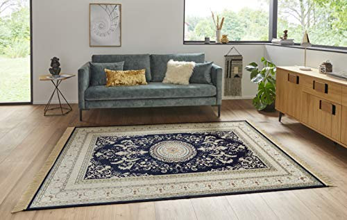 Nouristan Naveh Orient Teppich – Wohnzimmerteppich Orientalisch Kurzflor mit Fransen Vintage Orientalischer Samt-Teppich für Esszimmer, Wohnzimmer, Schlafzimmer – Dunkelblau, 135x195cm