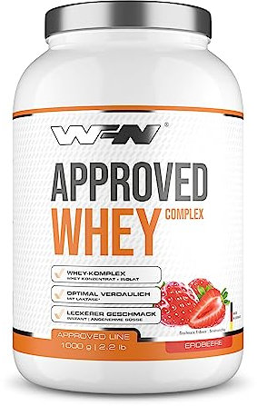 WFN Approved Whey - Fresa - 1 kg - Proteína en polvo con lactasa - Proteína de suero muy soluble - Fabricado en Alemania - Probado en laboratorio externo