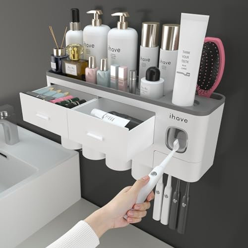 iHave Zahnbürstenhalter Wand,Badezimmer Zahnbürstenhalter mit Zahnpastaspender, 4 Becher Toothbrush Holder mit Schublade, großer Kapazität Zahnbürsten Organizer Badezimmer Weiß