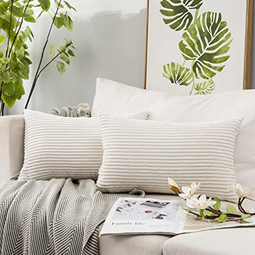 JUSPURBET Kissenbezüge aus Kordsamt, für Couch, Bett, Sofa, Wohnzimmer, dekorativ, weich, rechteckig, gestreift, mit unsichtbarem Reißverschluss, 30,5 x 50,8 cm, Cremeweiß, 2 Stück