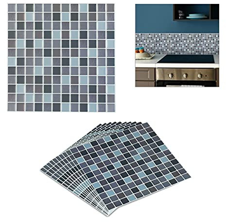 Relaxdays Mosaik Fliesenaufkleber, 10er Set, selbstklebend, Küche & Badezimmer, 23,5x23,5 cm, 3D Klebefliesen, grau