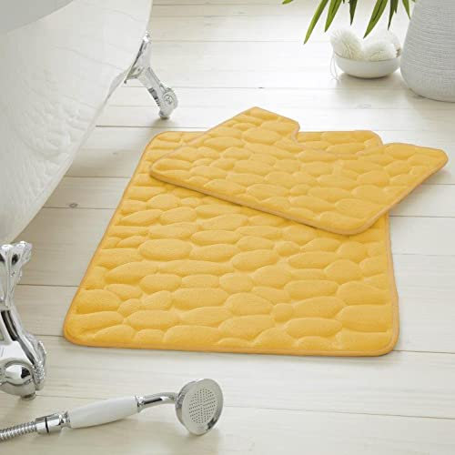 GC GAVENO CAVAILIA Premium 2 Piece 100% Memory Foam Pebble Bath Set, Super Soft Anti Slip Bathroom Toilet Rug Pedestal Mat, Ochre