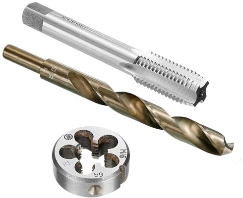 sourcing map Tap and Die and Drill Bit Set, M16 x 2 Left Hand Thread Milling Tap and Round Die, 14mm Cobalt High Speed Steel Twist Drill Bit