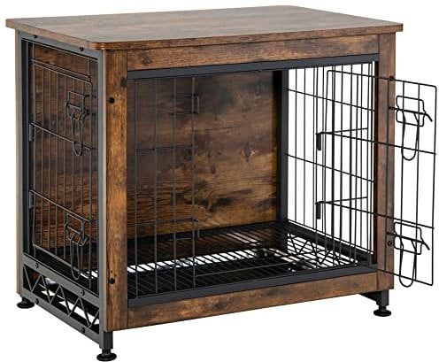 COSTWAY Wooden Dog Crate with Removable Tray, 2 Doors Puppy Wire Cage End Table, Lockable Pet Kennel Furniture for Small Animals