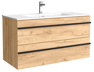 Salgar Mueble de baño Born 100 cm 100% montado de fábrica Acabado Roble suspendido 2 cajones Cierre amortiguado Apertura Tirador Perfil Lavabo Porcelana Blanca Marca, 97957
