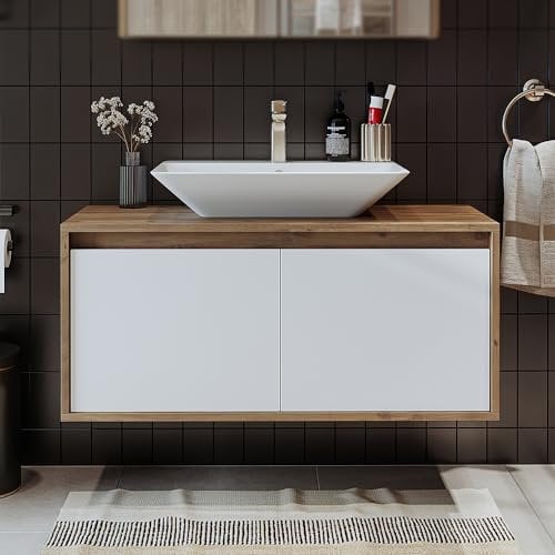 ROOMART Meuble de salle de bain Atlantic - Lavabo en céramique avec meuble bas de 65 cm, 85 cm, 100 cm - Blanc - Chêne anthracite - Blanc