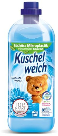 Kuschelweich Weichspüler Sommerwind, Hautverträglichkeit dermatologisch bestätigt, Weichspüler Kuschelweich ohne Mikroplastik, große Flasche 1 Liter für bis zu 38 Waschladungen