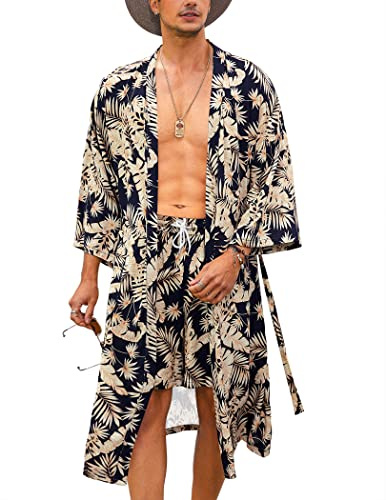 COOFANDY Kimono-Bademantel für Herren mit Shorts, leichter 2-teiliger japanischer Bademantel, lässiger offener Long-Cardigan mit Gürtel