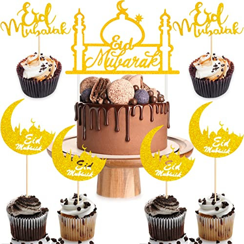 23 Stück Eid Mubarak Tortendeko,Eid Mubarak Cake Topper,Eid Mubarak Topper,Eid Mubarak Kuchendeko,Ramadan Cake Topper,Mond Cake Topper für Eid Mubarak Ramadan Muslim Deko(3 Muster)