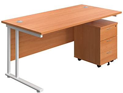 Office Hippo Heavy Duty Rectangular Cantilever Office Desk, Home Office Desk With 3 Drawer Lockable Mobile Pedestal Cabinet, File Cabinet, 5 Yr Wty, White Frame, Beech, 160 x 80 cm