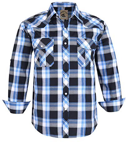 Coevals Club Herren Lässige Druckknöpfen Kariertes Anzug Regular Fit Langarm Bügelleichtes Business Trachten Hemd (Blau Schwarz Kariert #19 XL)