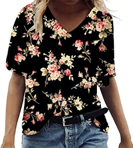 MQYXGS Women Top Summer Short Sleeve Blouse Womens Hawaii V-Neck Floral Print T-Shirt Plus Size Loose Shirt Tunic Tops Tee Shirt(Black/22)