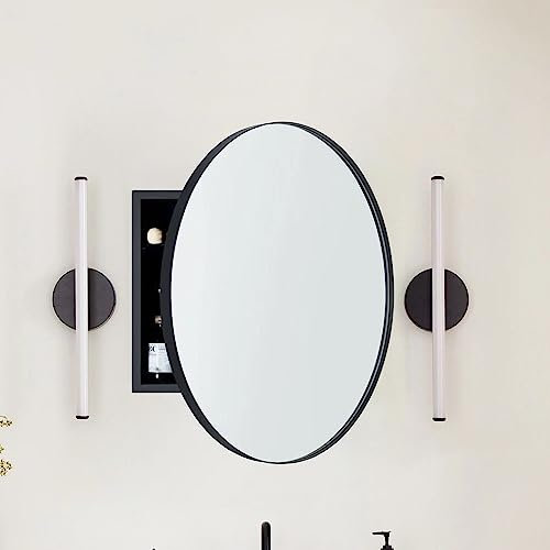 EGHOME Surface Mount Black Round Circle Bathroom Medicine Cabinet with Mirror Circlular Shaped Stainless Steel Metal Framed Medicine Cabinets Bathroom Cabinet with Mirror 24'' Diameter