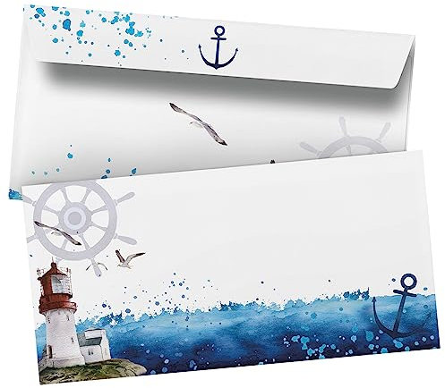 50 Briefumschläge DIN Lang | Nordsee Ostsee Leuchtturm Maritim | selbstklebend ohne Fenster | Brief-Umschlag mit Design-Motiv bedruckt | 90 g/m²