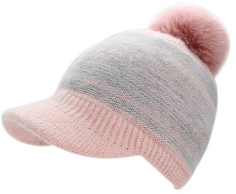 dy_mode Warme Damen Strickmütze mit festem Schirm, gefüttert und zweifarbig - Winter Schirmmütze mit Bommel - A500 (DE/NL/SE/PL, Alphanumerisch, Einheitsgröße, A500-ZartrosaGrau)