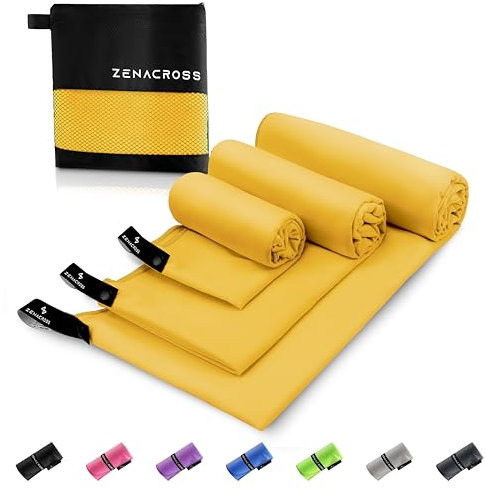 ZENACROSS Mikrofaser Handtuch (3er-Set) mit Transportbeutel - Schnelltrocknendes und vielseitiges Fitness Handtuch - Sporthandtuch Größen S, M, L - Gelb
