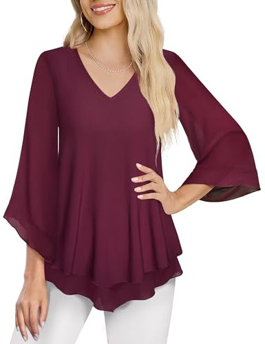 Oberteile Damen Elegant Hochzeit Shirt 3/4 Arm Blusen Frühling Damen Mode Tunika Festlich Festival Feminine Bluse Burgundy Blouse Women Casual A-Form Raffiniert Bluse Breite Ärmel,M