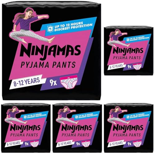 Ninjamas Absorbierende Nachthöschen Für Mädchen, 9 Pyjamahöschen, 8-12 Jahre, 27-43kg, Auslaufschutz Für Die Ganze Nacht (Packung mit 5)
