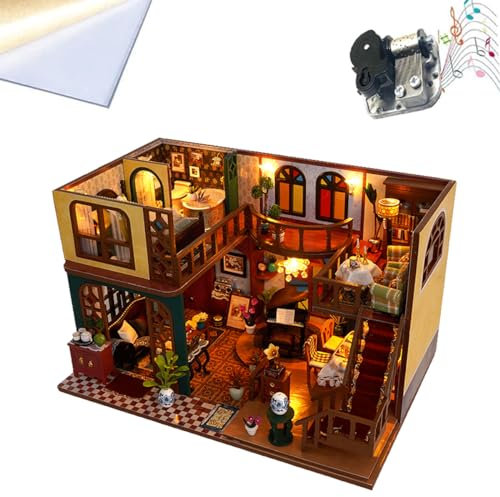 TOPBSFARNY DIY Miniatur Puppenhaus Kit, Holz Puppenhaus mit Möbeln und LED Licht, Vintage Loft Modellbau Puzzle für Home Dekorative Handwerk