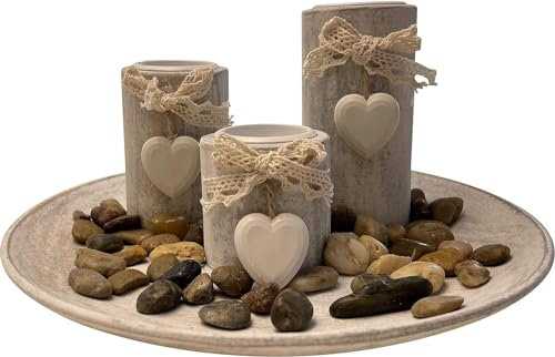 khevga Teelichthalter Wohnzimmer Kerzen Deko rund weiß grau mit Steinen 24 cm