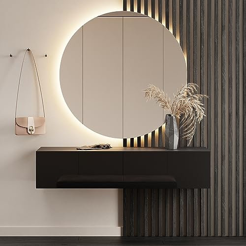 Planetmöbel Flurgarderobe 1x 140 cm inkl. Spiegel rund mit Beleuchtung 100 cm, Schwarz, Flur Möbel mit Spiegel, 37,8T x 140B x 32,5H cm