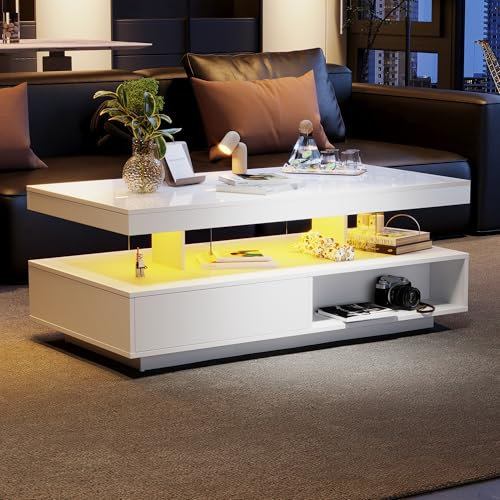 ModernLuxe Coffee Table with Storage, 2 Drawers and 2 Open Storage Space, Stylish Side Table with Smart 16-Colour LED Lights, USB Powered, High Gloss Coffee Tables for Living Room, White