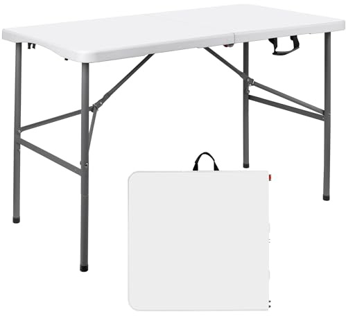 Mean Yeah Klapptisch aus Kunststoff, 120 cm, verstellbar, tragbar, Picknicktisch, Banketttisch, Campingtisch mit Griff, Schloss für Party, Hochzeit, Küche, Strand, Küche, Grillen, Weiß