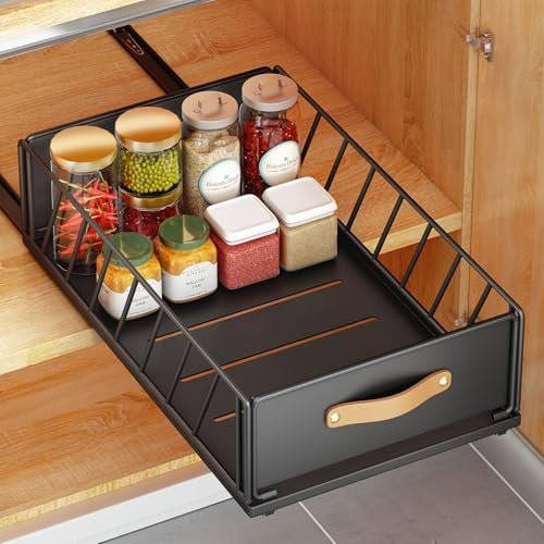 Kitstorack Teleskopschublade, Ausziehbare Schublade für Kabinett Metall Slide Out Organizer mit Griff Küche Aufbewahrungsregal Klebebänder Korb Schublade für Schrank, 40 Tiefe x35 Breite x16 Höhe cm