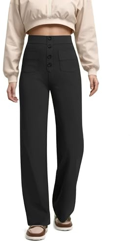 Timuspo Damen Hose Weites Bein Dehnbar Flexipants Lässige Yogahose mit Mehrere Taschen Business Hosen High Waist Knopfleiste Freizeithose Einfarbig Bequeme Arbeitshose