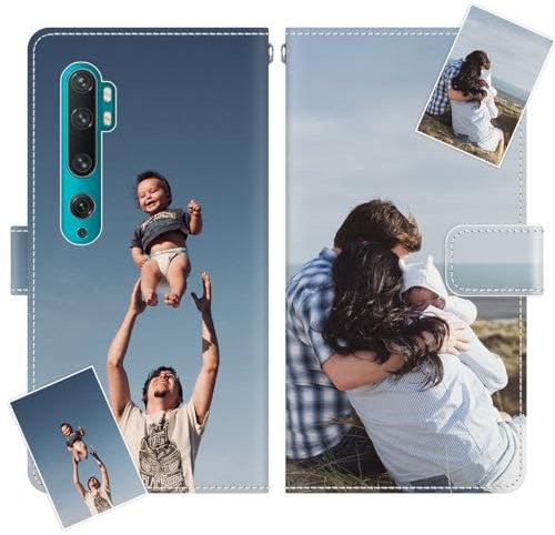 JGOYGYI Personalisierte Leder Handyhülle kompatibel mit Xiaomi Mi Note 10 Pro,Individuelle Eigenem Foto Bild Text Bildern Foldable Flip Klapphüllen Case hülle+Handykette