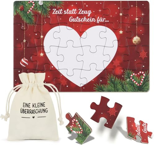 BETESSIN Gutschein Puzzle Weihnachten - Zeit statt Zeug - Gutscheinkarte mit Geschenkbeutel - DIY Gutschein zum selber ausfüllen - Personalisierte Geschenkidee für Weihnachten, Geburtstage uvm.