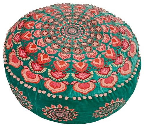 Grün Runder Pouf Ottomane mit Samt Stickerei – Weicher, Bestickter Bodenkissen mit Marokkanis Design, 60cm Durchmesser, ideal für Wohnzimmer, Schlafzimmer oder Meditationsraum
