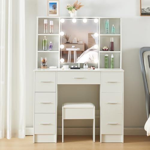 Saimeihome Schminktisch mit Beleuchtung & Spiegel - 3 Lichtfarbmodi, Weißer Frisiertisch mit Hocker, 7 Schubladen + 8 Fächer - für Schlafzimmer Kinderzimmer, 100x40x140cm