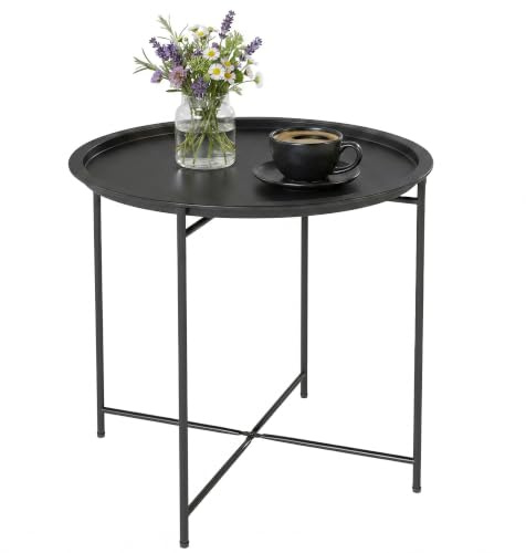 Outsunny Mesa Auxiliar Redonda con Bandeja Extraíble Ø46x50cm Negro | Patas Plegables, Mesa de Jardín Exterior, Terraza, Patio