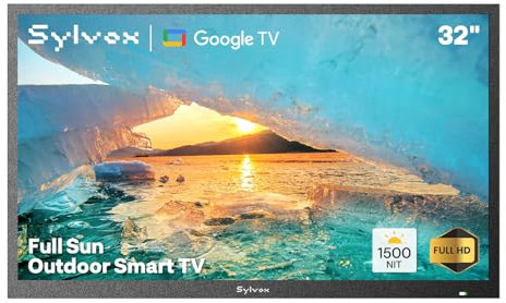 SYLVOX 32 Inch Outdoor TV, 1080P Full HD Smart TV with 1500 Nit High Brightness Sunlight Readable Display, IP55 Waterproof for Full Sun Outdoor Use, Built-in Google Cast, Voice Remote (2025, Pool SE)