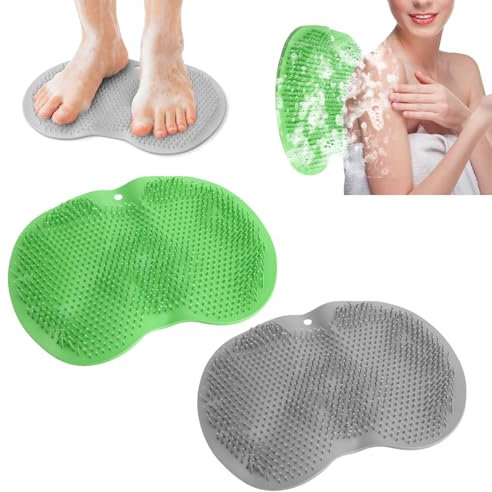 VOSSOT Rückenschrubber Silikon Bürste 2er Set, Rutschfestes Silikon Massagepad & Fußwaschbürste, Fußschrubbermatte aus Silikons für Dusche und Bad, Doppelseitig für Fußmassage Peeling Rückenreinigung