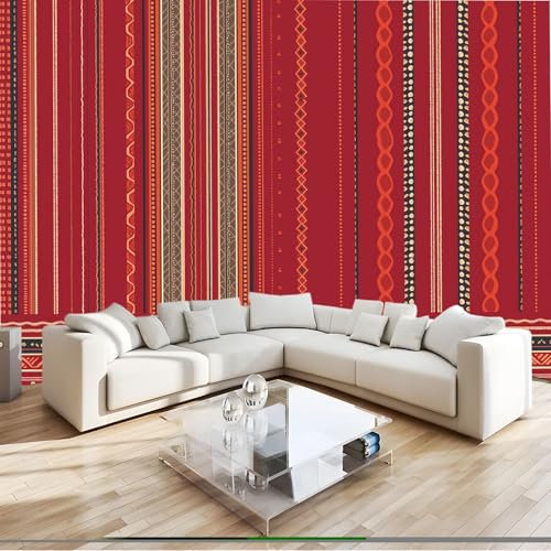 Red Non-Woven Photo Wallpaper Mural 150 x 105 cm Bohemian Striped Elegance Photo Wallpaper – Bedroom Wall Art Decoration, Eco-Friendly Mural for Living Room Kids Bedroom