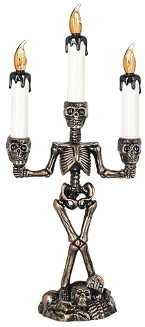 LED Kerzenständer Skelett Totenkopf dreiarmig | 15x36x8cm schwarz Gold weiß Plastik | gelb flackernd Halloween Kandelaber Totenköpfe