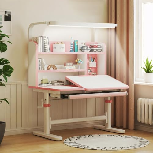 FORRTY Höhenverstellbarer Schülerschreibtisch Mit Lampe, Kurbel Tisch, Arbeitstisch, Computertisch, Höhe 62–80cm, Massivholz, Mit Schublade, Regal & Lochwand(Rosa)