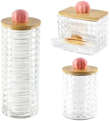 Hwtcjx 3 pezzi Porta Dischetti Cotone, Porta Cotton Fioc e Dischetti, Organizer Trucchi, Organizer Bagno con Coperchio in Legno, a prova di polvere e umidità, per Camera da Letto, Bagno (rosa)
