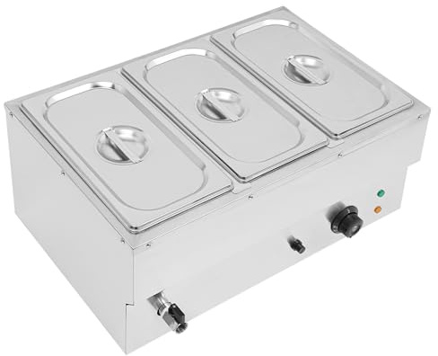 panfudongk Riscaldatore elettrico a 3 scomparti, professionale a buffet con coperchio e rubinetto di scarico, controllo preciso della temperatura, ideale per ristorazione e mensa, 57 x 38 x 27 cm
