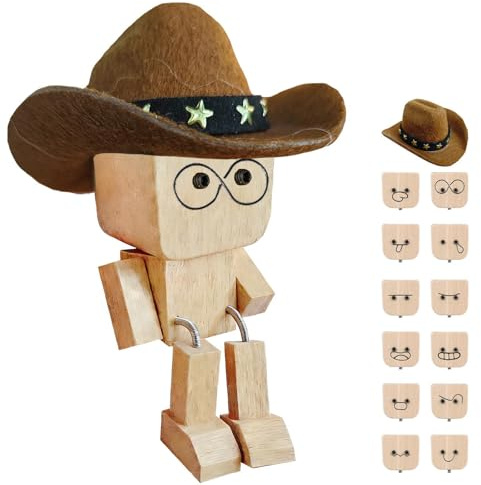 LUKIUP Wackelfigur Auto Wackelnder Holzman, Wackelfigur Schüttelmann, Schüttelnder Wackelmann mit Beweglichen Füßen fur Dekorative Auto Ornamente (Cowboy)