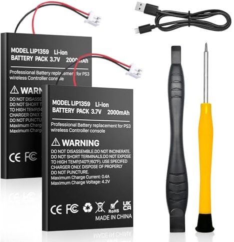 2-Stück PS3 Controller Akku, 2000mAh Hohe Kapazität LIP1859/LIP1472/LIP1359 Ersatzakku für Sony PlayStation 3 Dualshock 3 Wireless Controller mit USB Kabel+Werkzeug