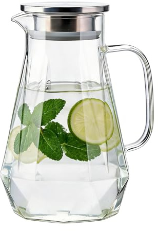 Jarra de cristal, jarra de agua de 1,5 l, jarra de agua, jarra de cristal con tapa, mango y estructura de rombos, jarra de agua transparente y resistente al calor de vidrio de borosilicato para