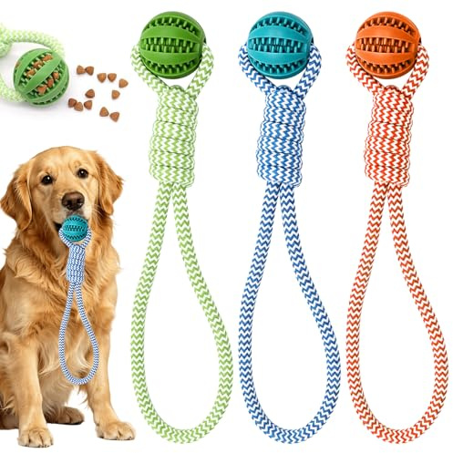 Heropen 3PCS Dog Ball On Rope For Indoor Play & Outdoor Fetch Training | Rubber ball & cotton rope, durable tug toy for all dog breeds and ages, dental cleaning while chewing, green, blue, orange