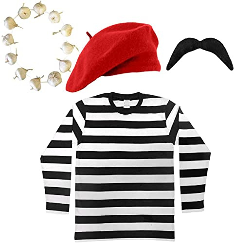FRANSK FANCY KLÄNNING KOSTYM SVART & VIT RANDIG TOPP + BERET + SVART MOUSTASCH + LÖK/GARLAND FRANSKA OUTFIT SET